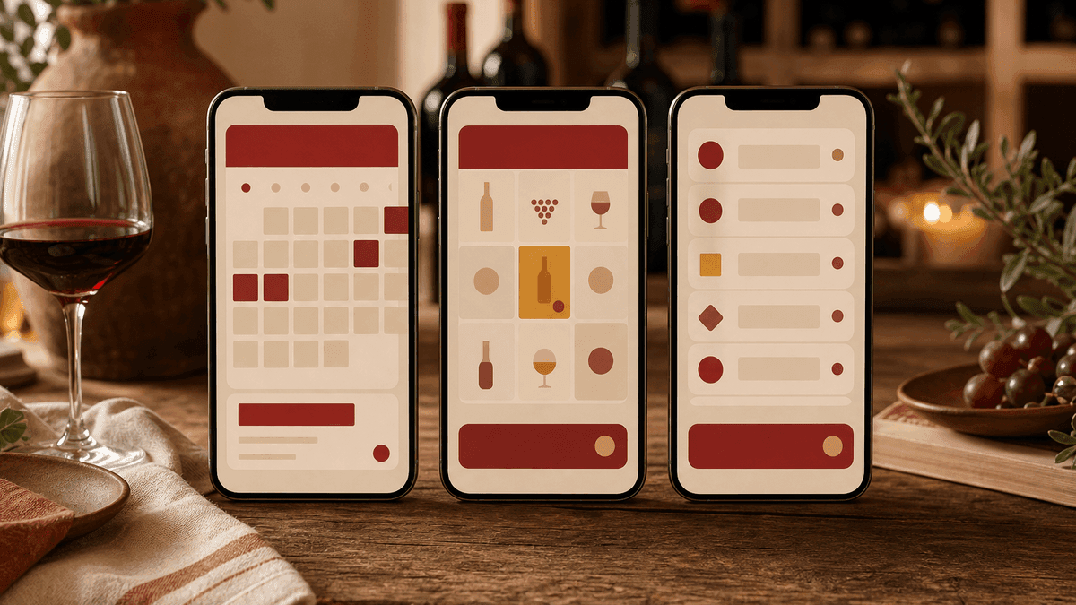 Stylised side-by-side illustration of three "when to open" app interfaces — a calendar view, a grid view and a flat list view — each labelled, with the calendar view in the centre grouped by drinking window per producer and vintage.