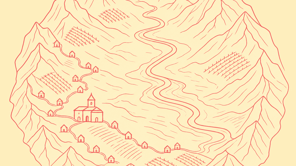 Mapa estilizado del Bierzo con el anillo de montañas, el valle del río y los pueblos de Corullón, Valtuille y Villafranca