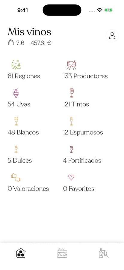 La pantalla Mis vinos con 716 botellas organizadas por regiones, productores, uvas y colores