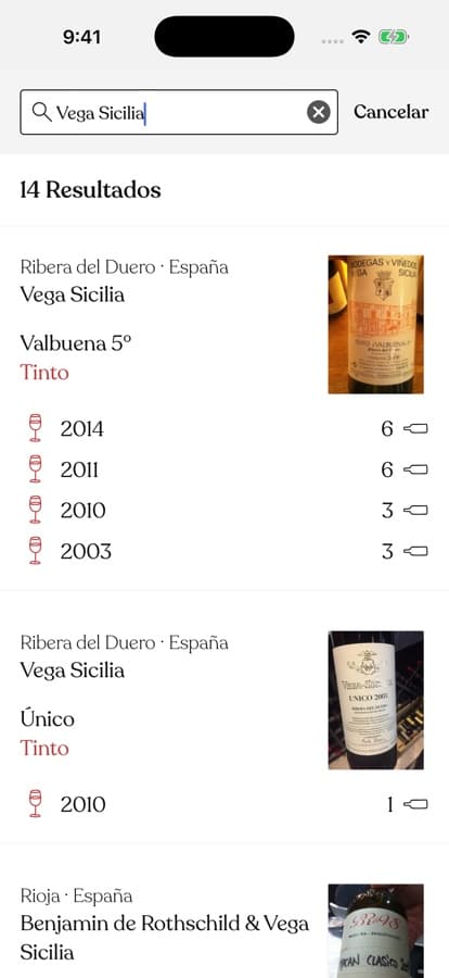 Resultados de búsqueda de Vega Sicilia con etiquetas, región y tipo de vino