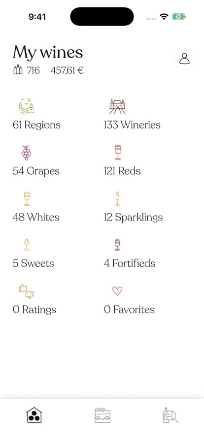 The My wines home screen showing 716 bottles organised by regions, wineries, grapes and colours