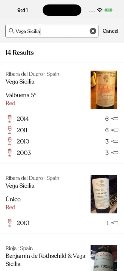 Search results for Vega Sicilia showing labelled entries with region and wine type