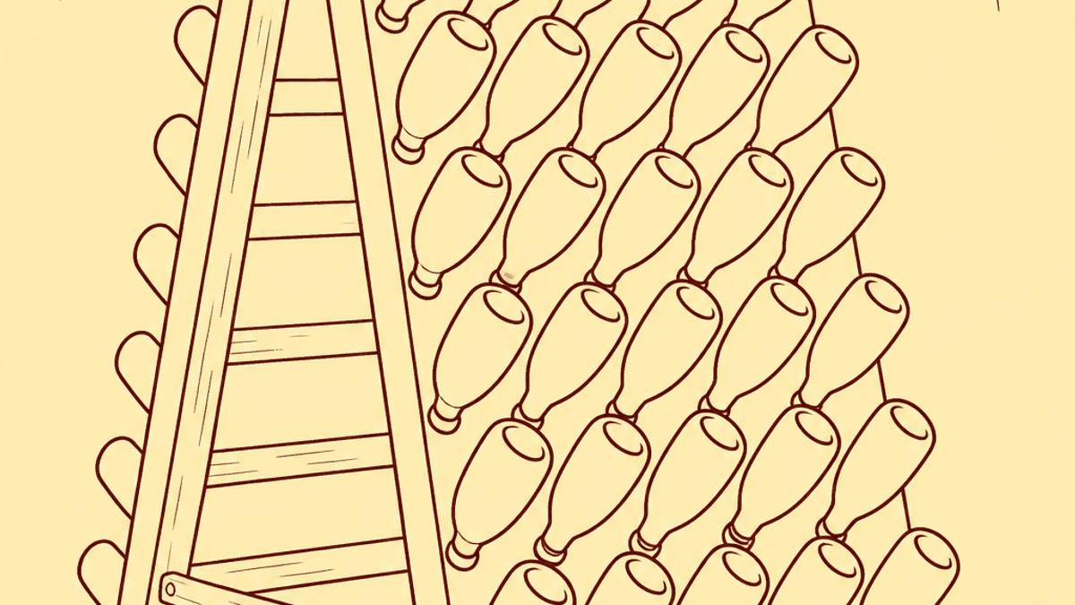 Ilustración plana de botellas de espumoso criando inclinadas en un pupitre de madera dentro de una cava subterránea