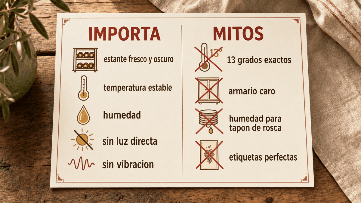 Comparación a dos columnas: a la izquierda, un estante fresco y oscuro de botellas en horizontal como lo que importa; a la derecha, cuatro mitos tachados, entre ellos un termómetro a 13 grados y una etiqueta de escaparate impecable