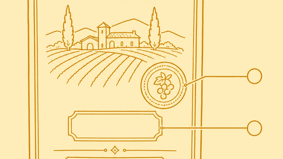 Ilustración anotada de una etiqueta española de vino tinto con cinco llamadas señalando el nombre de la bodega, el sello de la D.O., la añada (cosecha), la categoría de crianza (por ejemplo Reserva) y el grado alcohólico.