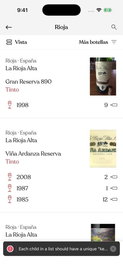 Vinos de Rioja listados con fotos de etiqueta y botellas por añada