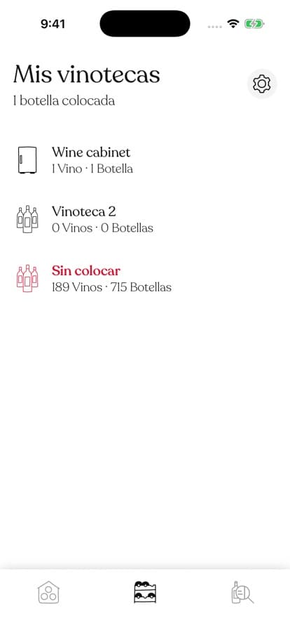 La pantalla de vinotecas con una vinoteca y un grupo sin colocar, con contadores de vinos y botellas