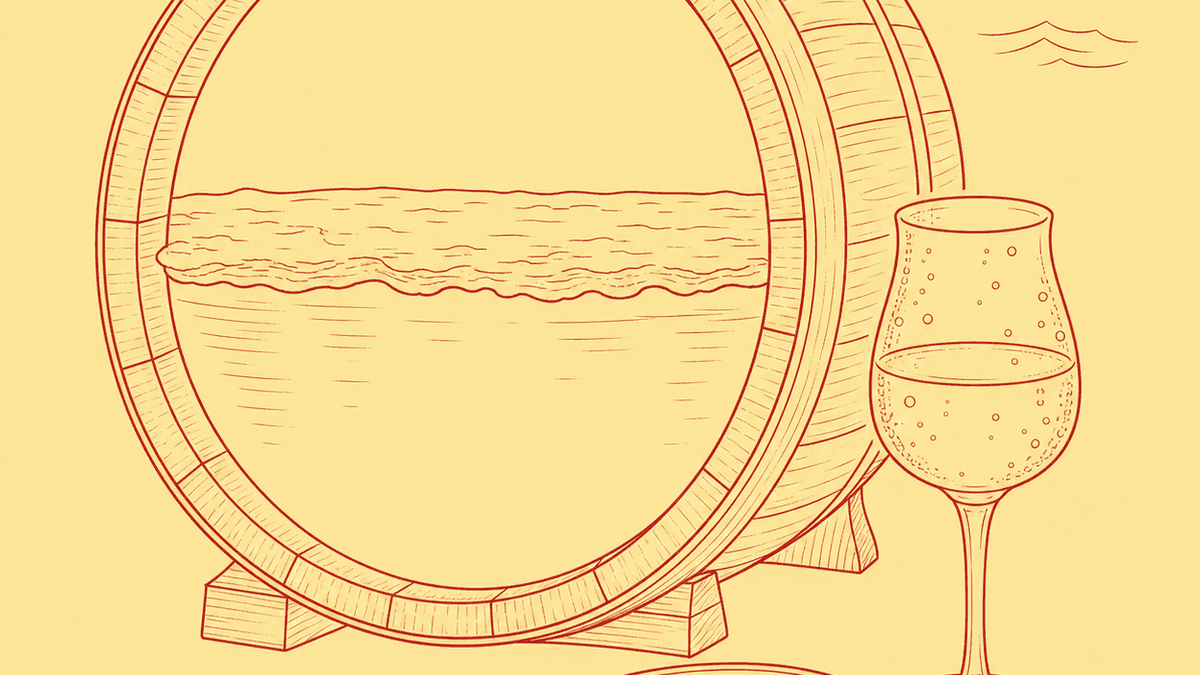 Illustration of a sherry butt in cross-section with a veil of flor floating on pale wine, beside a chilled copita and a plate of olives