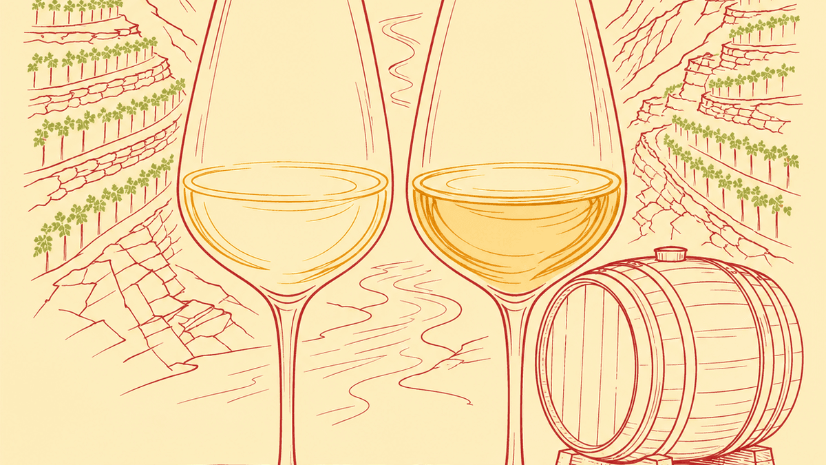 Ilustración de dos copas de Godello, una pálida y otra dorada junto a una barrica, sobre viñedos en terrazas de pizarra