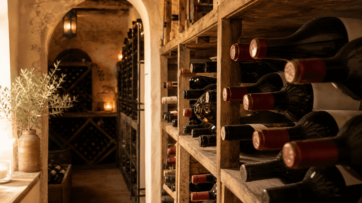 Stylised cross-section of a home wine cellar split into two halves: a brightly lit front zone with bottles on accessible shelves, and a cooler shadowed back zone with bottles tucked away for long ageing.