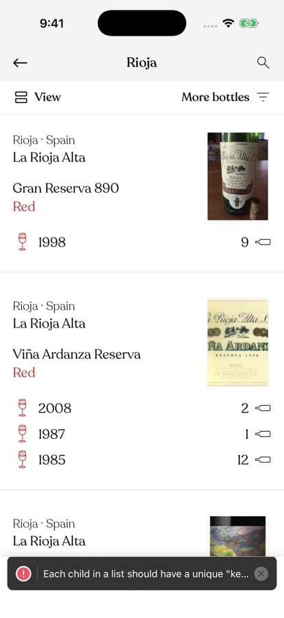 Rioja wines listed with label photos and per-vintage bottle counts