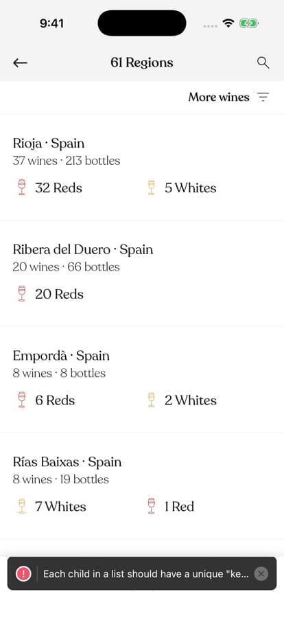 The regions list showing Rioja with 213 bottles and other Spanish regions with their counts