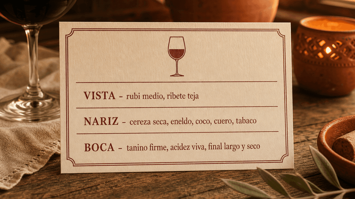 Ficha de cata ilustrada del Gran Reserva 904 2016 de La Rioja Alta, con descriptores de nariz y boca
