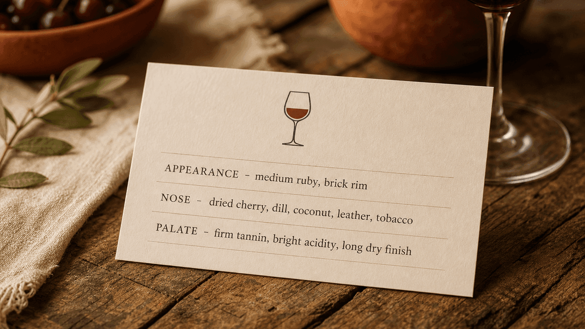 Stylised tasting-note card for La Rioja Alta Gran Reserva 904 2016, listing nose and palate descriptors