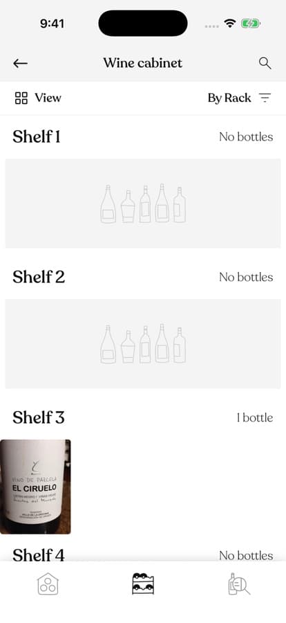A cabinet's contents shown shelf by shelf with a bottle label on shelf 3