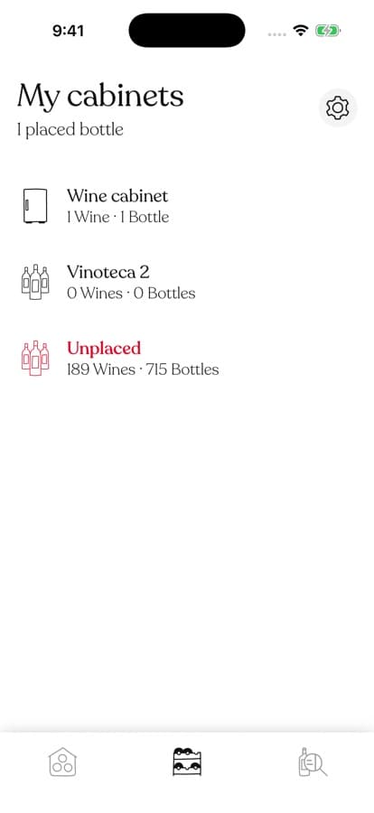 The cabinets screen listing a wine cabinet and an unplaced group with wine and bottle counts