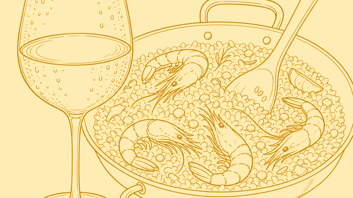 Ilustración plana de una copa de tinto fría junto a una paellera, con condensación en la copa y la paella a medio remover con gambas y arroz al azafrán.