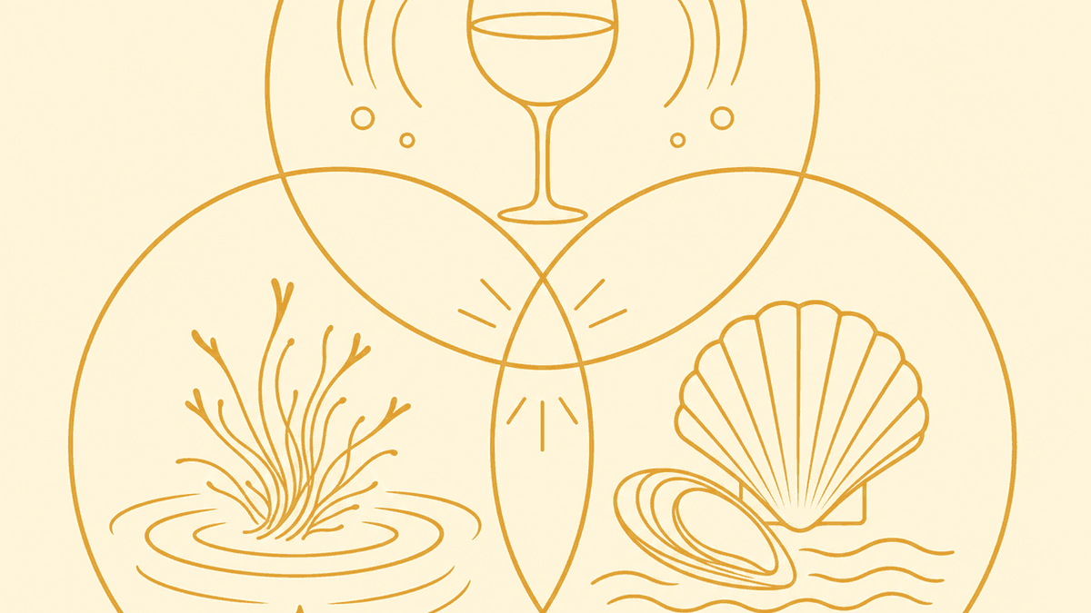 Rueda de aromas en ilustración plana que muestra cómo la acidez del rosado, el azafrán y el fondo, y el yodo del marisco se solapan en el maridaje con paella.