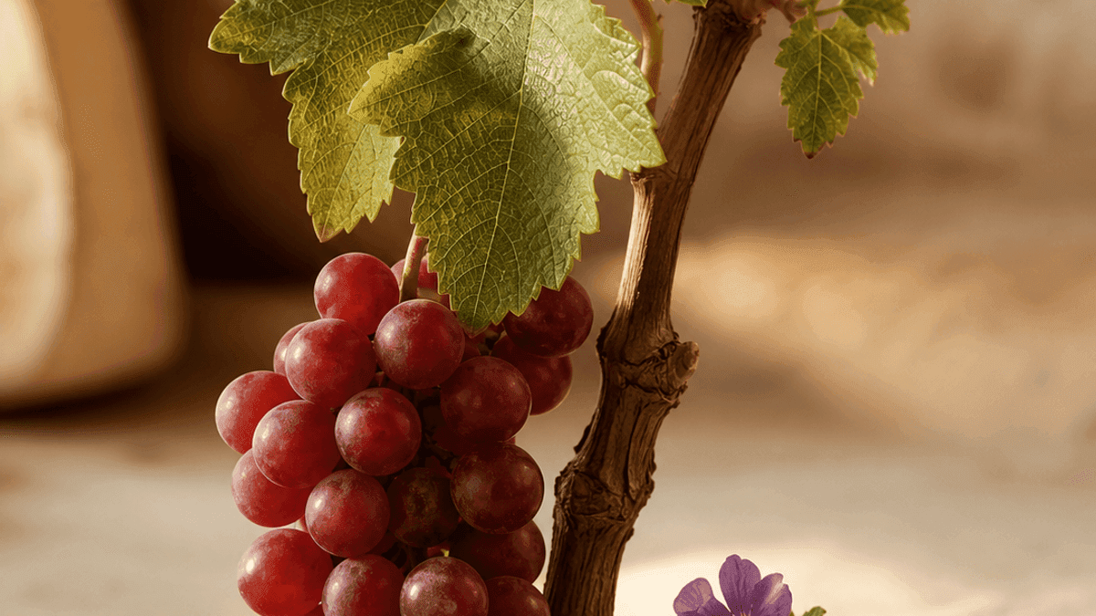 Flat illustration of a Mencía vine with violet flowers, a cluster of red grapes and a shard of slate