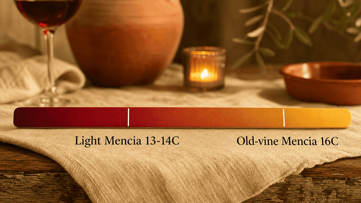 Flat illustration of a serving-temperature scale for Mencía, lighter styles cooler, ageworthy styles warmer