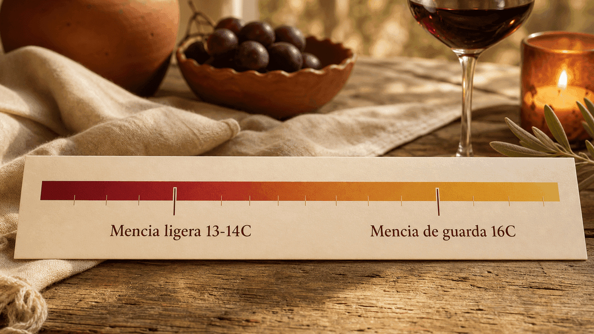 Ilustración plana de una escala de temperatura de servicio para la Mencía, estilos ligeros más fríos, de guarda más templados
