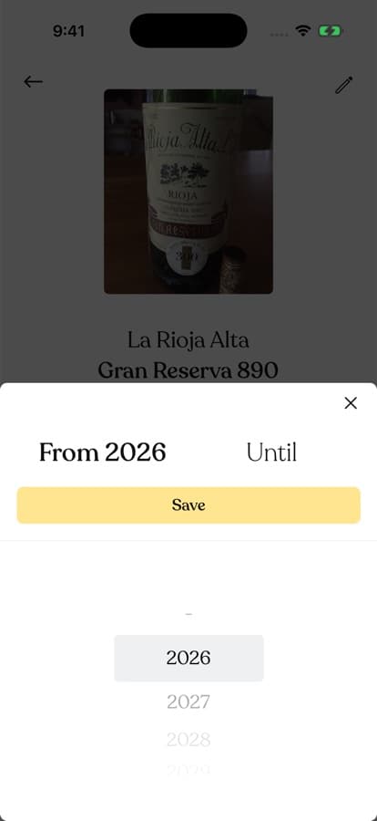 The drinking-window editor with a year wheel, From 2026 selected