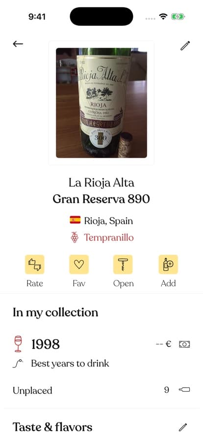 The wine page of La Rioja Alta Gran Reserva 890 showing the 1998 vintage with its drinking window row