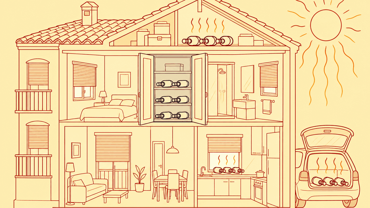 Flat cross-section illustration showing wine bottles surviving in a cool interior wardrobe while bottles near a sunny window, kitchen, and attic overheat