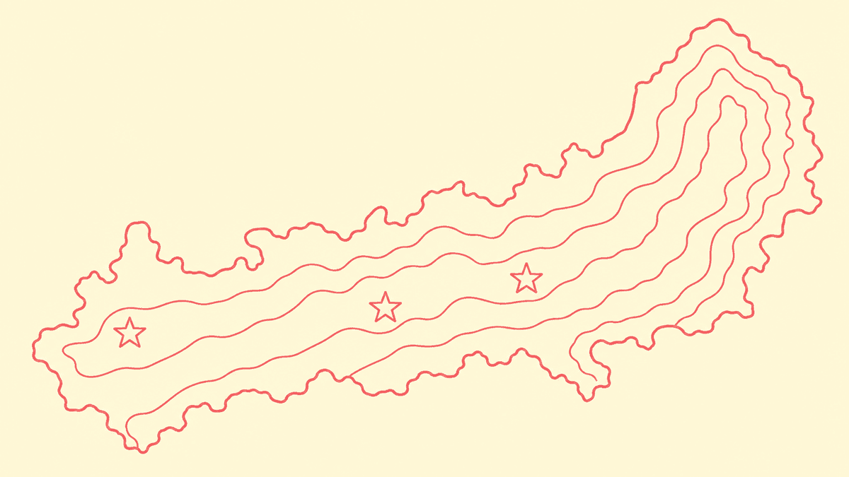 Flat-illustration map of Ribera del Duero highlighting altitude bands from Soria's high east down to Valladolid in the west, with three star markers for the named producers.