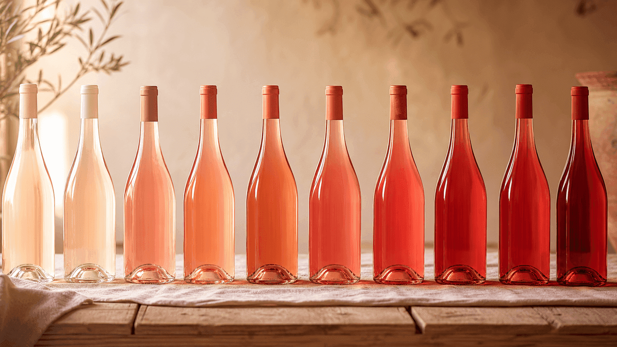 Ilustración estilizada del espectro de color del rosado, desde el rosa pálido de Provenza al rosado intenso español, con diez siluetas de botella colocadas a lo largo del gradiente y sus nombres etiquetados debajo de cada una.