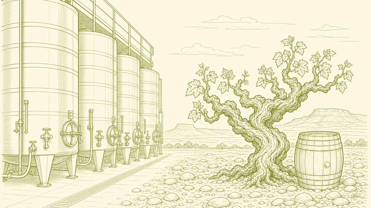 Illustration contrasting a stainless-steel tank with an old bush vine growing among round pebbles