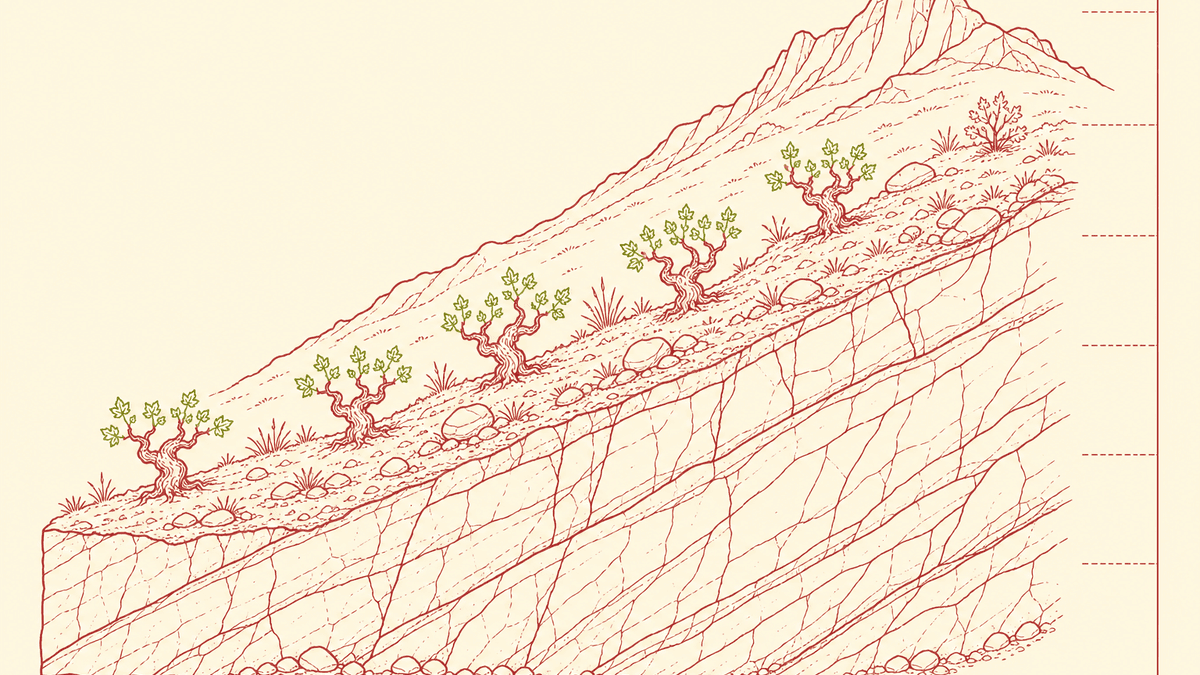 Cross-section illustration of a Sierra de Gredos hillside showing granite bedrock, old bush vines and altitude markers from 800 to 1,200 metres