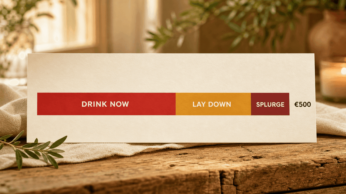 Stylised stacked bar showing a 500-euro wine cellar split into drink-now, lay-down, and age-it bands with one splurge segment