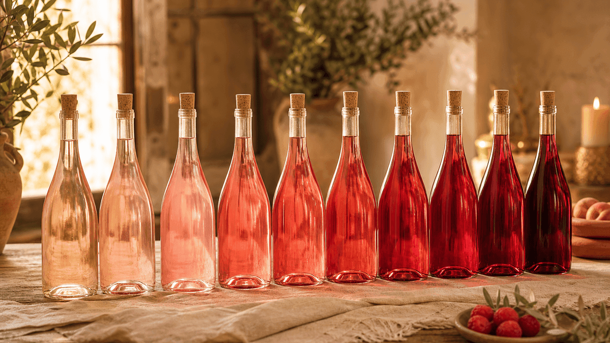 Stylised colour-spectrum illustration from pale-pink Provence to deeper Spanish rosado, with ten bottle silhouettes positioned along the gradient and their names labelled beneath each.