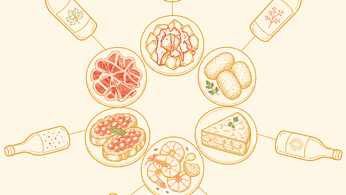 Ilustración plana cenital de seis platillos de tapas dispuestos en círculo, con seis botellas de vino, cada una conectada por una línea fina a su plato.