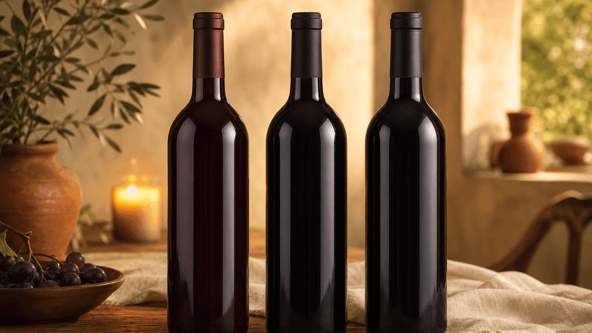 Stylised flat-illustration triptych of three bottle silhouettes labelled Rioja, Ribera, and Toro, with three short sensory phrase clusters beneath each: "leather, tobacco, dried red fruit" for Rioja, "black cherry, graphite, cold mineral" for Ribera, "fig, espresso, scorched earth" for Toro.