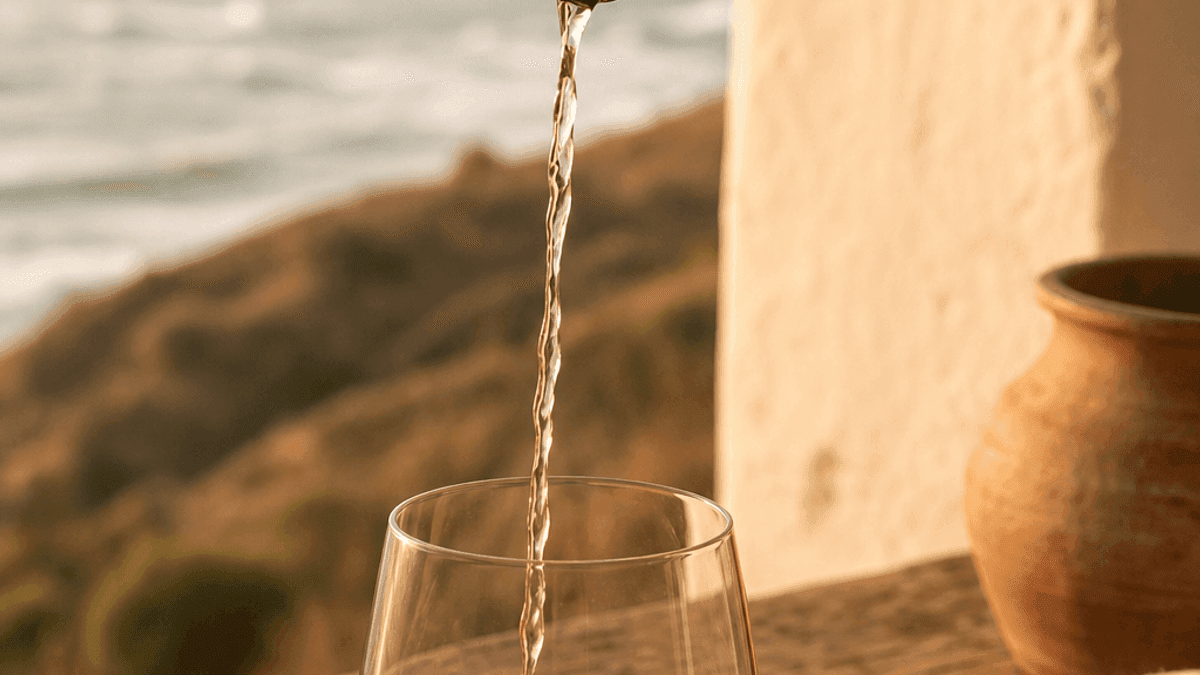 Una botella de txakoli escanciada desde lo alto sobre un vaso ancho, con el vino rompiendo en espuma