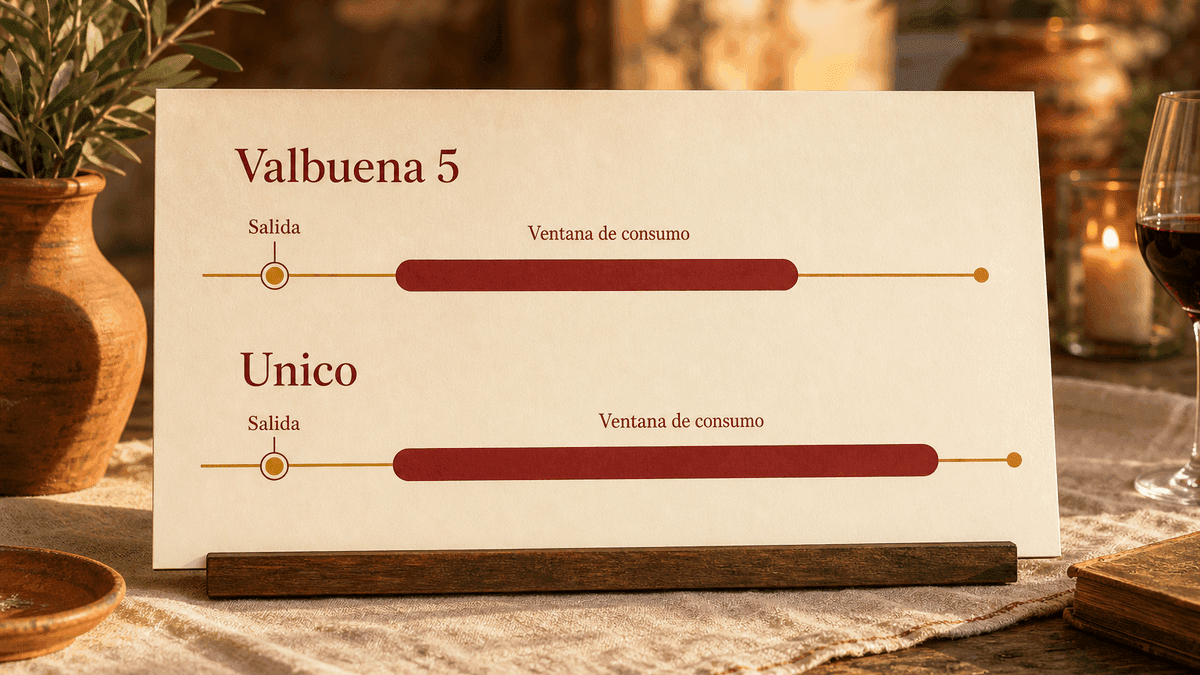 Línea temporal que compara año de salida y ventana de consumo del Valbuena 5 y el Único
