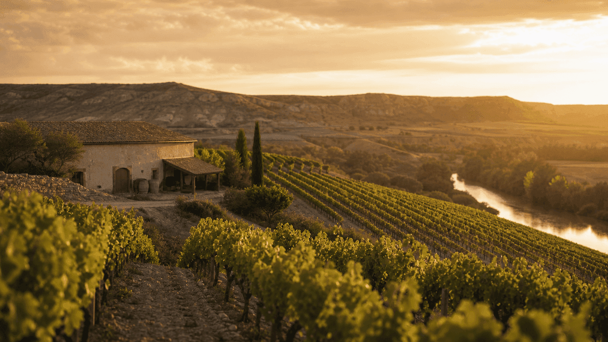 Stylised illustration of the Vega Sicilia estate with vine rows and the Duero river