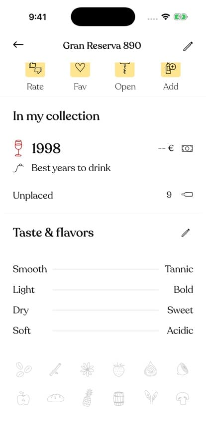The taste and flavours panel with structure sliders and flavour icons