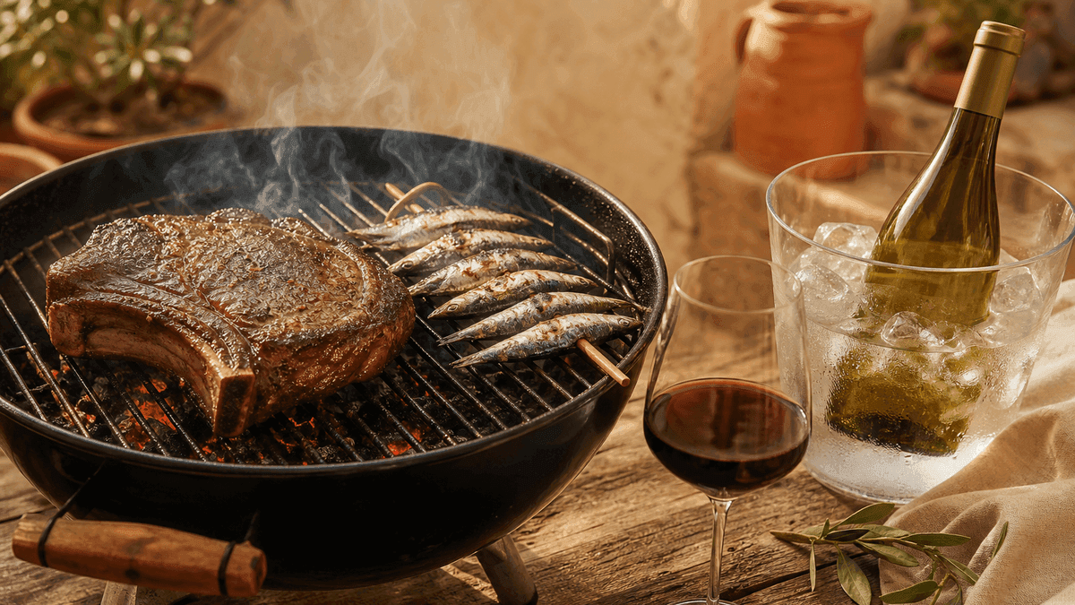 Illustration of a charcoal grill with a steak and sardine skewers beside a glass of red wine and a white wine bottle in an ice bucket