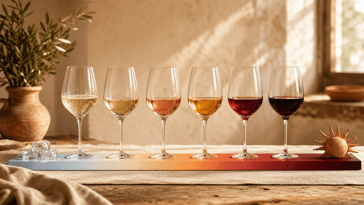 Illustration of six wine glasses arranged along a thermometer gradient from icy blue to deep red, coldest sparkling wine to warmest structured red